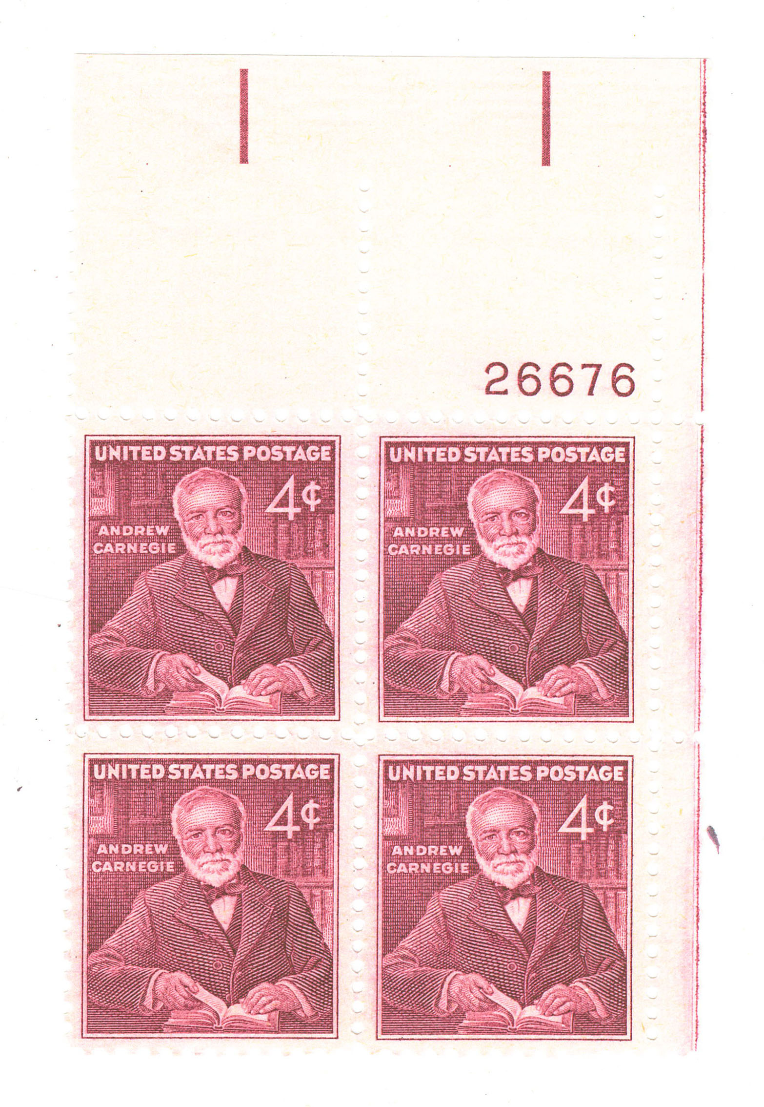 1960 Block of 4 cent Andrew Carnegie Stamps