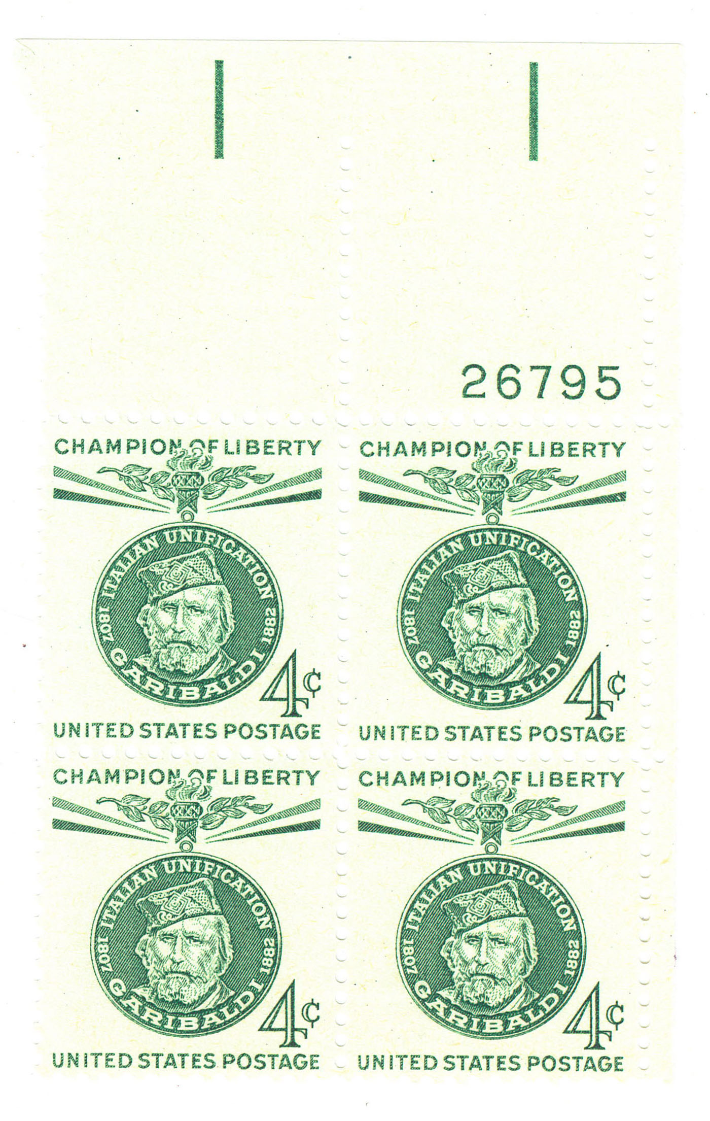 1960 Block of 4 cent Giuseppe Garibaldi - Italian Unification Stamps