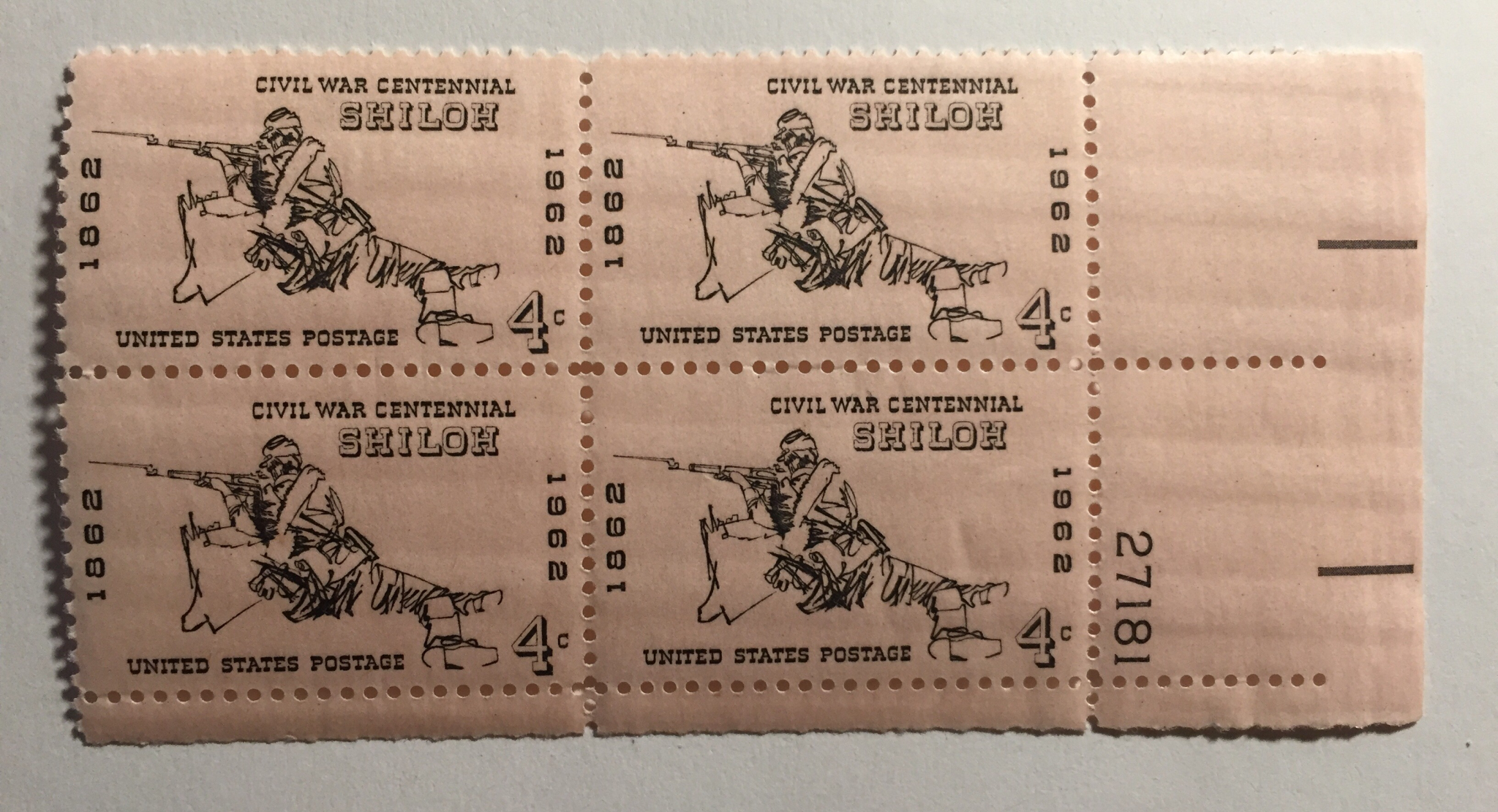1962 Block of 4 cent Civil War Centennial Shiloh Stamps