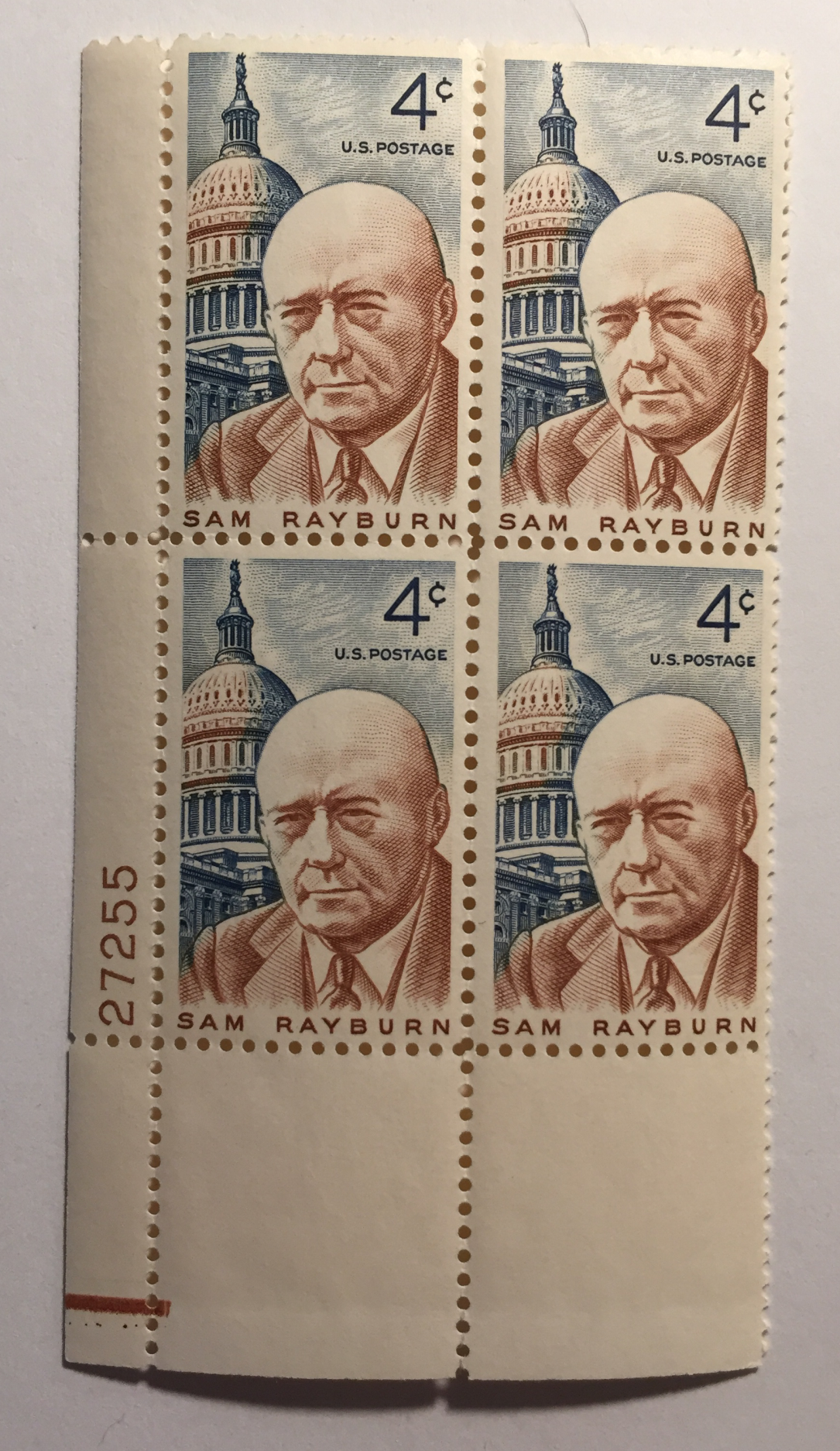 1962 Block of 4 cent Sam Rayburn Stamps Green Basics Inc