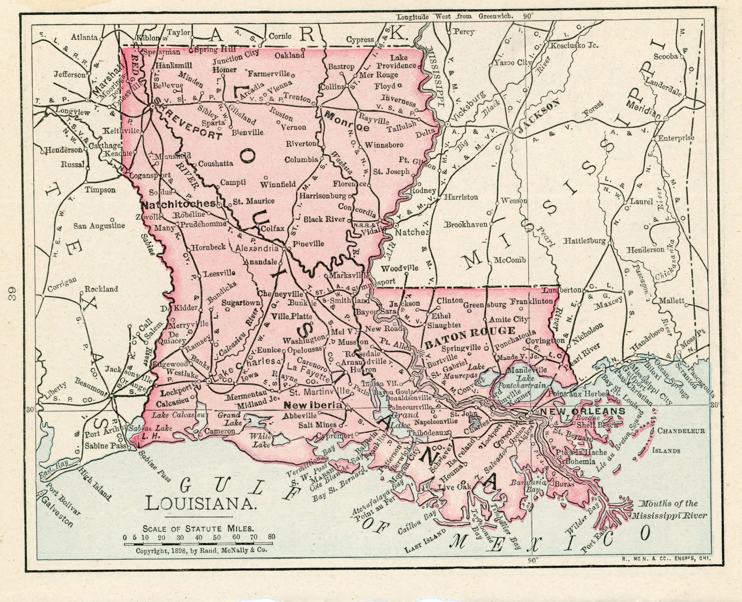 Vintage Louisiana Map Colton's 1886 Old Louisiana Map 